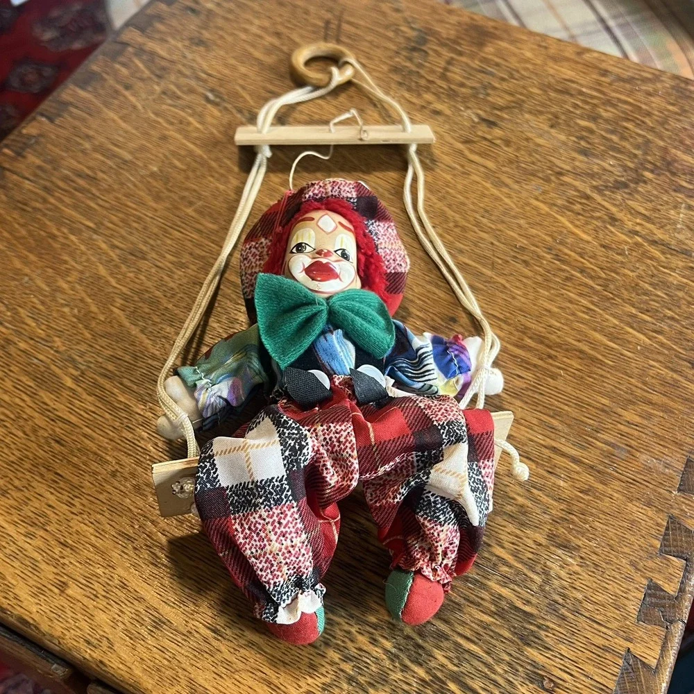 Vintage Ashley Belle Clown Boy Doll on Wooden Swing Porcelain Face Collectible